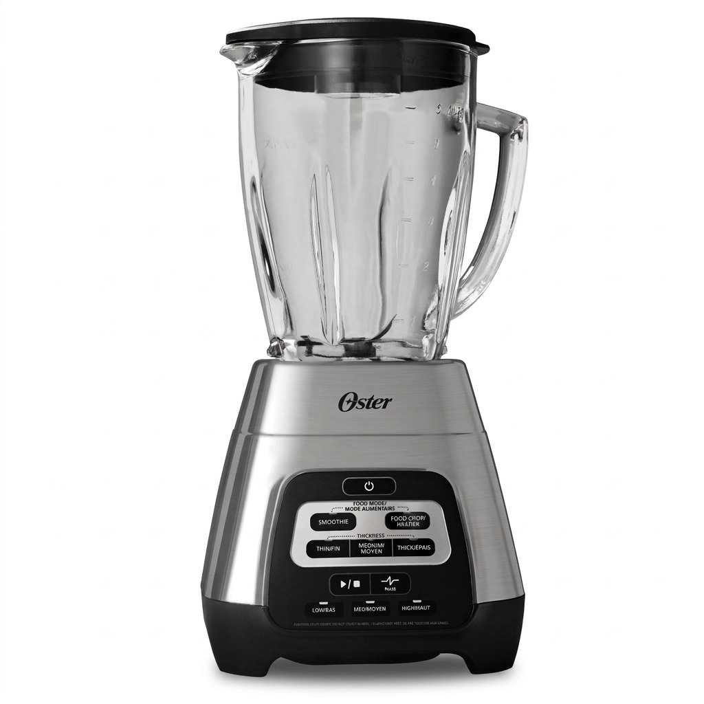 A clean, high-resolution hero shot of the Oster Texture Select Master Series Blender with a glass jar and chrome base, against a pure white background.