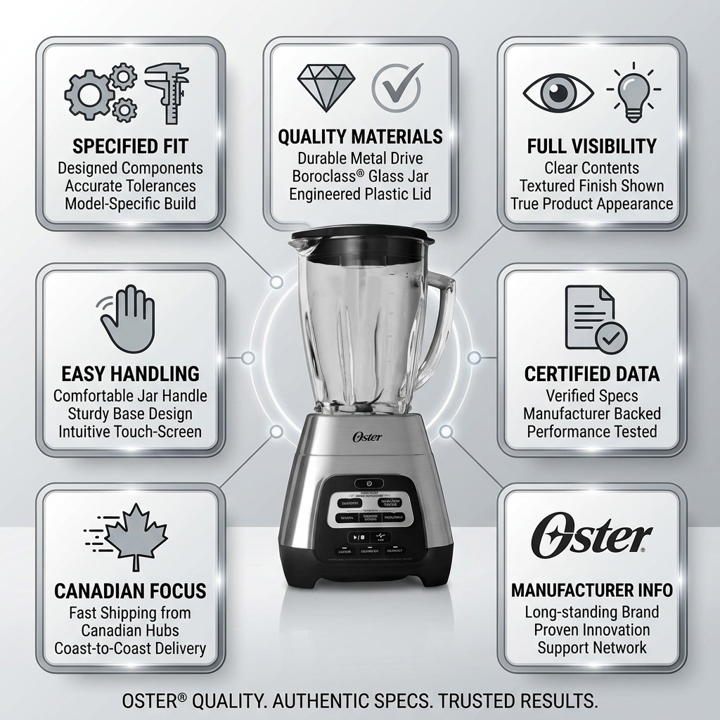 "Oster Texture Select Master Series Blender infographic showcasing its features: metal drive, glass jar, pre-programmed settings. Fast Canadian shipping guarantee."