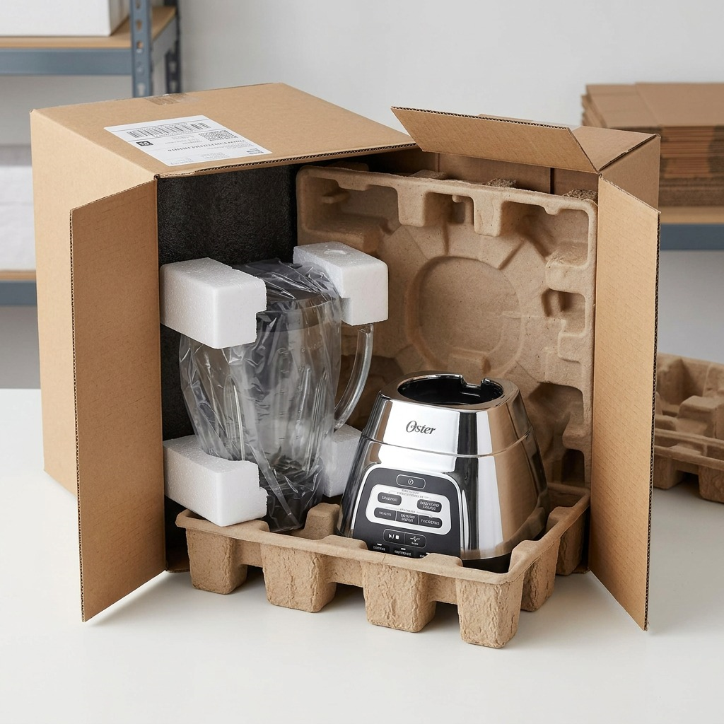 Oster Texture Select Master Series Blender, with chrome base and glass jar, securely protective in padded delivery box for unboxing.