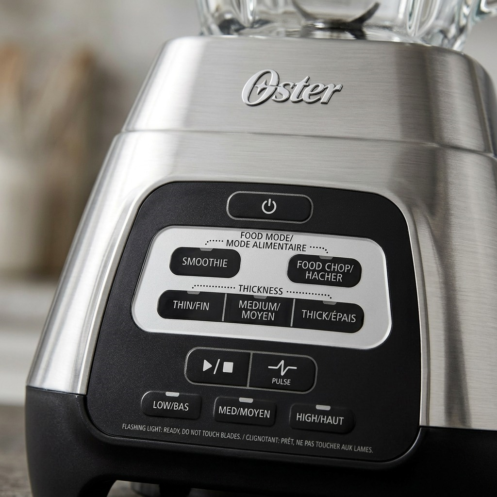 Macro photo of the Oster blender's brushed metal control panel and digital buttons.