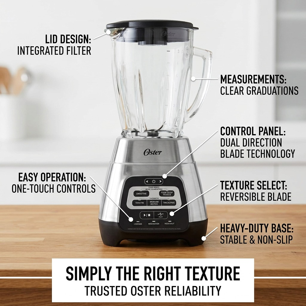 Feature callout image for Oster Texture Select Master Series Blender at eye level on counter.