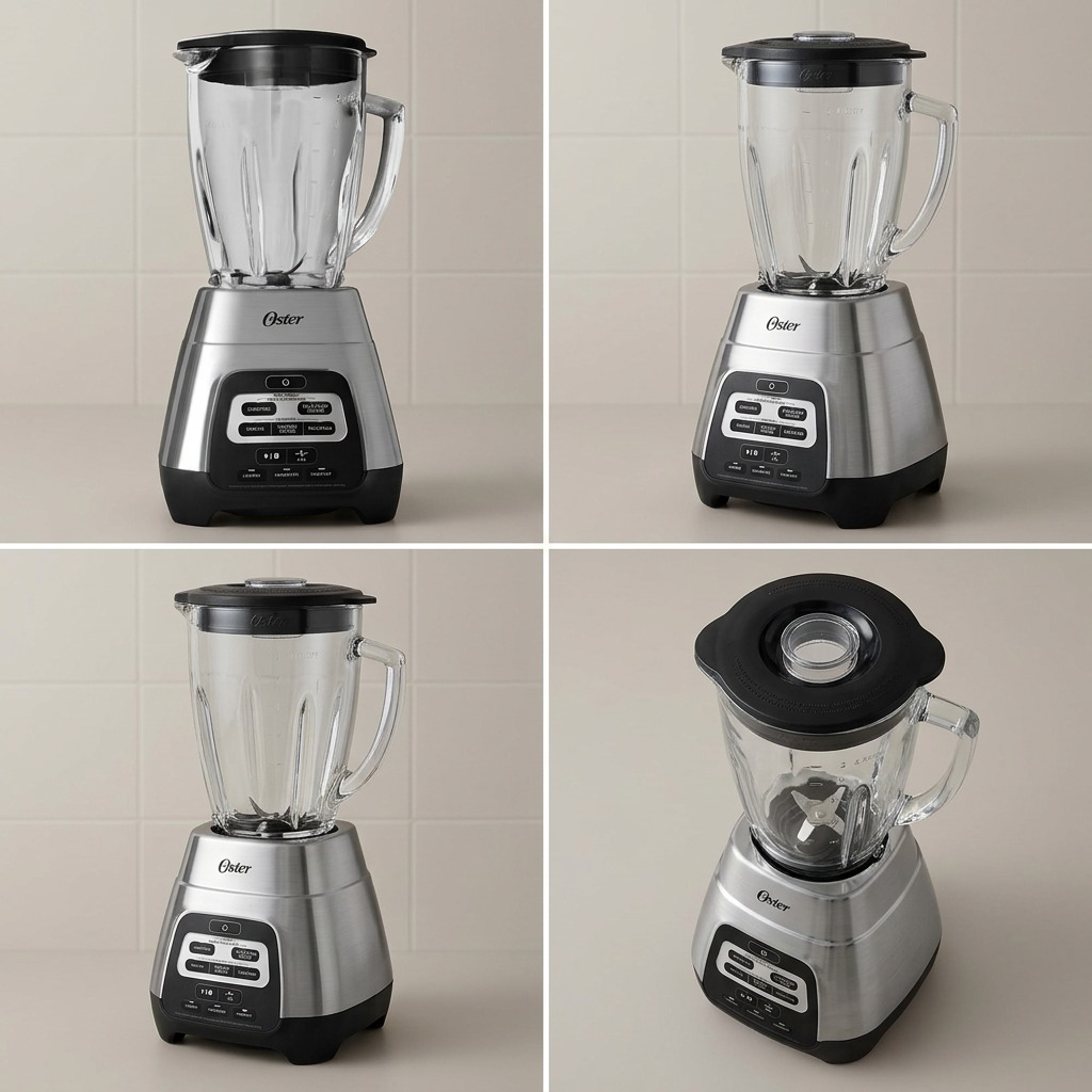 PDP visual matrix illustrating four views of the Oster Texture Select Master Series Blender with Glass Jar, Chrome.