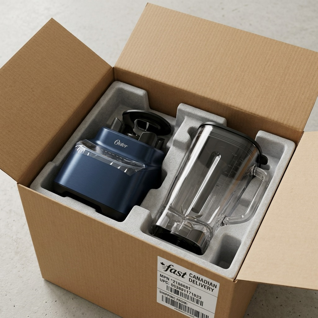 Oster 2186681 XL Professional Blender in custom foam clamshell inside a sturdy shipping box for protection.