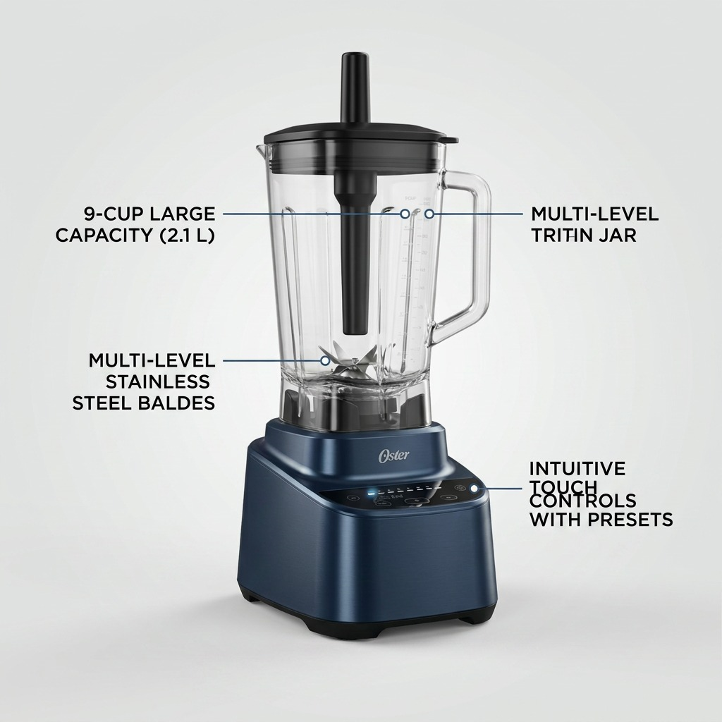 A factual feature callout image highlights the Oster XL blender's key components and materials.