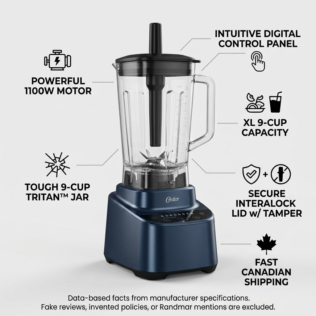 A trusted product page infographic for the Oster 2186681 blender, highlighting performance, durability, design, and convenient shipping with factual details and modern icons.