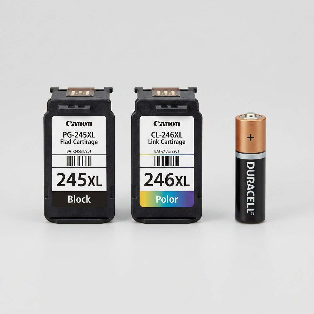 A high-resolution product shot showing the actual Canon PG-245XL and CL-246XL ink cartridges next to a standard AA battery. This composition provides a clear, real-world size comparison, confirming the cartridges' compact form factor is suitable for residential and home office PIXMA printers.