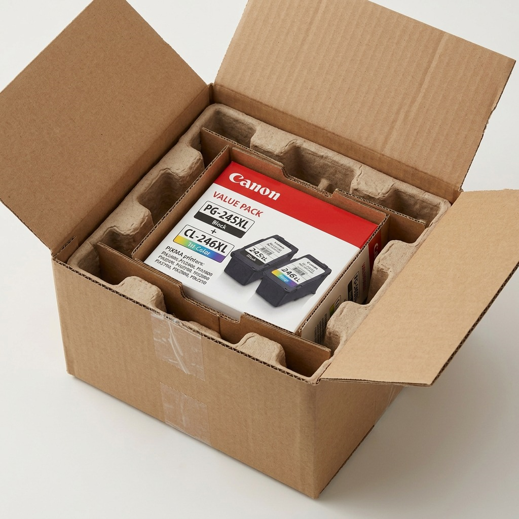 PDP visual matrix 7: Canon PG-245XL/CL-246XL Value Pack open in protective shipping box.