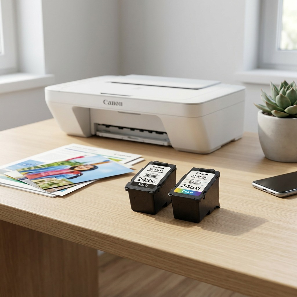 Lifestyle scene: A Canon PG-245XL/CL-246XL ink cartridge pair on a desk next to a printer.