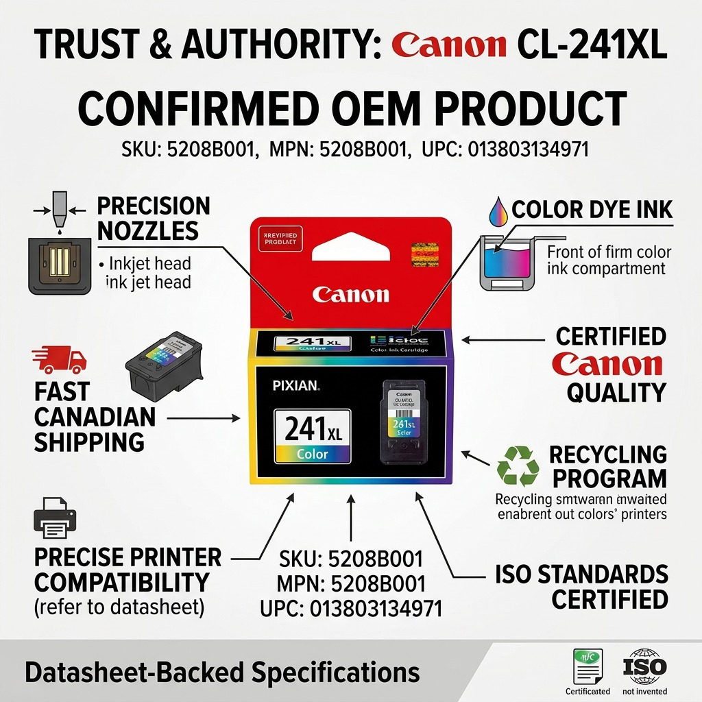 A clean ecommerce graphic of a Canon CL-241XL ink cartridge with icons highlighting features like OEM quality and fast delivery.