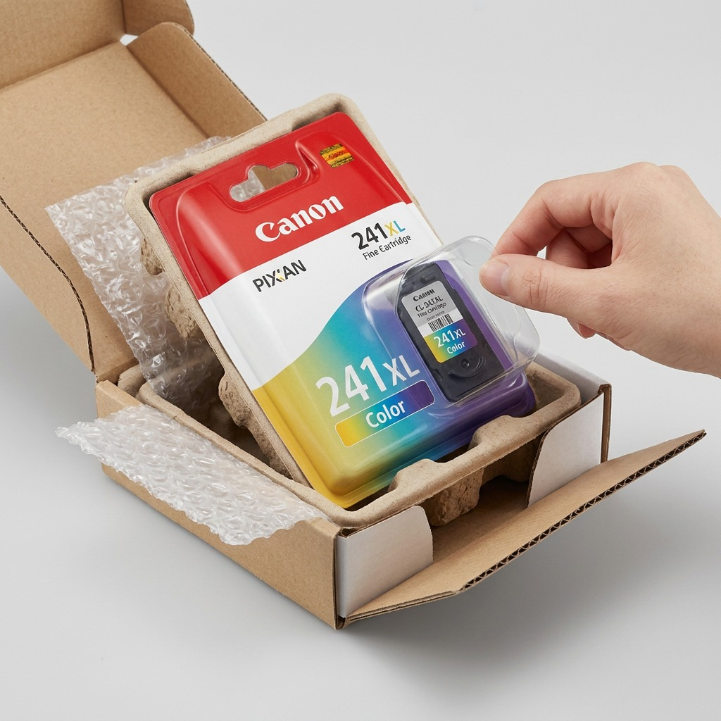 A Canon CL-241XL Color Ink Cartridge is safely cradled within its custom-molded pulp insert inside a compact, secure shipping box, alongside a protective bubble bag.