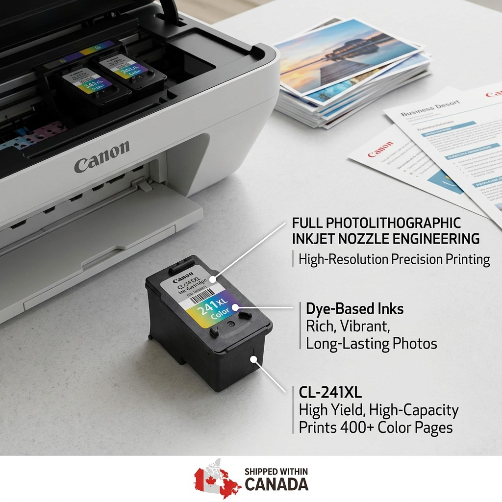 Canon CL-241XL ink cartridge features: FINE technology, dye inks, high yield. Prints vibrant photos. Shipped within Canada.