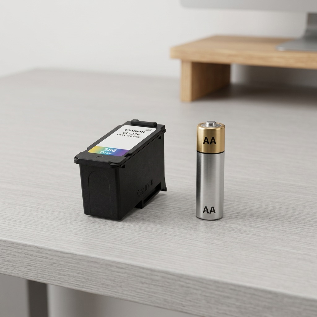 A close-up photograph comparing the Canon CL-286 color ink cartridge to a standard AA battery on a light grey desk.