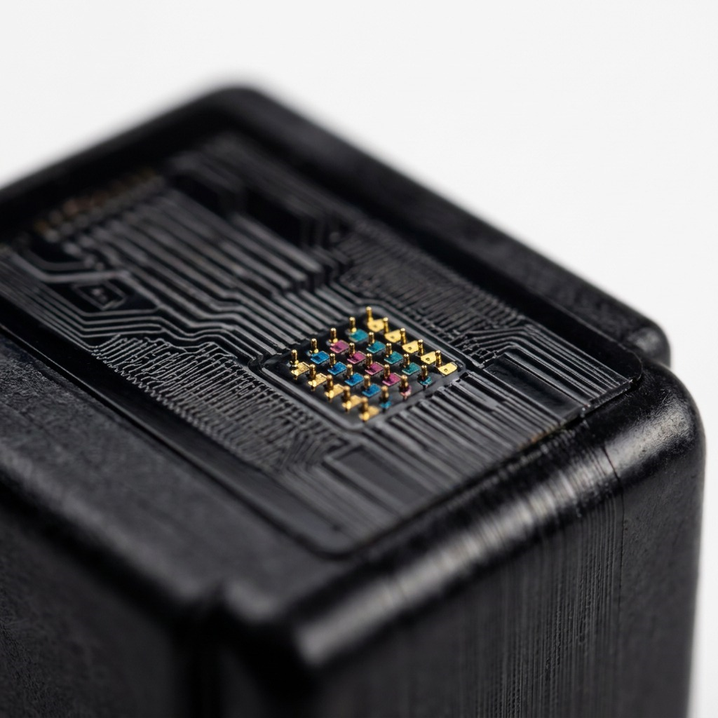 An extreme macro photograph detailing the complex maze-like channels of an inkjet cartridge printhead.