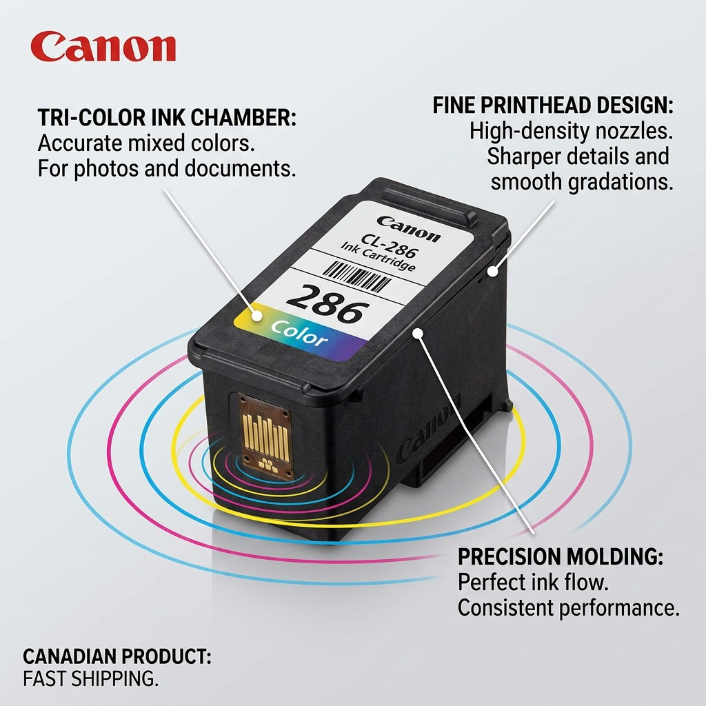 An ecommerce infographic visual matrix showcasing the Canon CL-286 Colour Ink Cartridge with explicit feature callouts. It translates the internal ink chamber design, professional FINE printhead, and precise construction into clear, data-backed customer benefits of accurate colors and sharp details. Includes shipping information within Canada.
