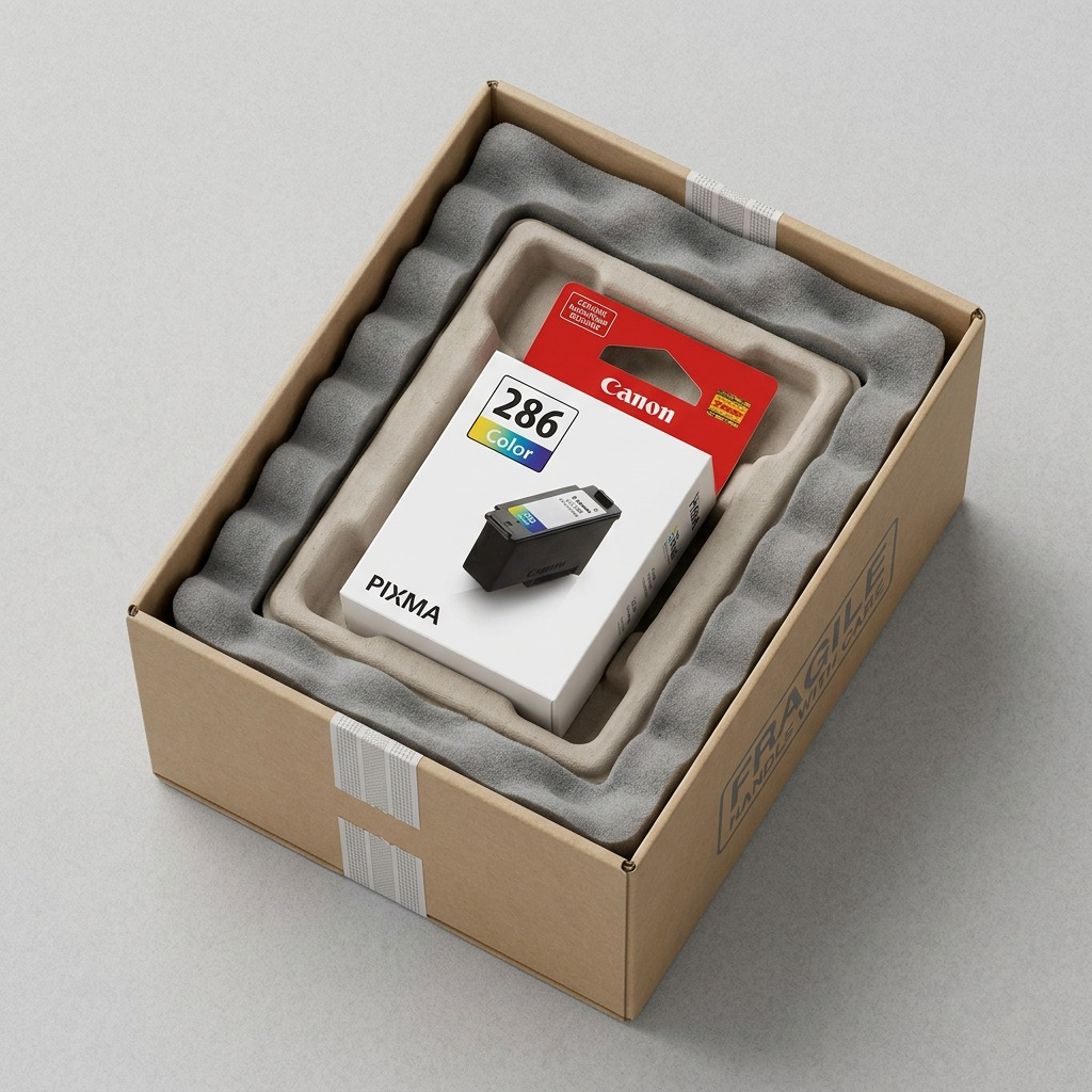 A detailed e-commerce photograph showing a Canon CL-286 color ink cartridge during a premium unboxing, protected by engineered security inserts in a delivery box, with the official retail box visible.
