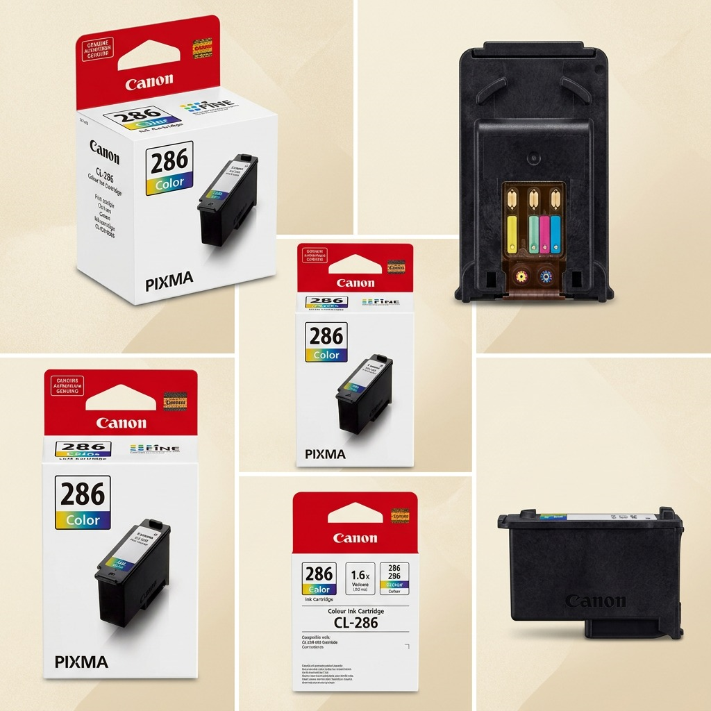 A five-angle photo grid of the Canon CL-286 Colour Ink Cartridge and packaging against a beige background.