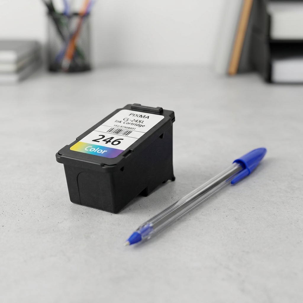 Canon CL-246XL cartridge next to a standard ballpoint pen on a desk for scale.