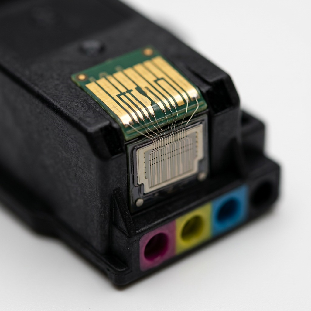 An extreme macro photograph showcasing the intricate metal nozzle plate, gold-plated contacts, and precise ink micro-jets of the Canon CL-246XL tri-color ink cartridge.