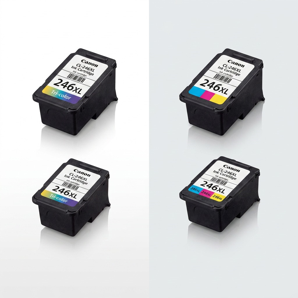 A matrix of product variations including a cyan, magenta, and yellow color option on Canon CL-246XL ink cartridges.
