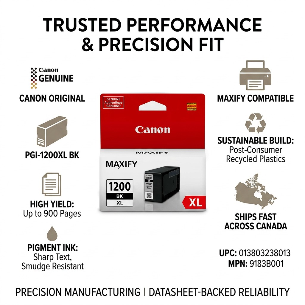 Trust infographic with factual data for Canon PGI-1200XL Black Ink features and Canada shipping.