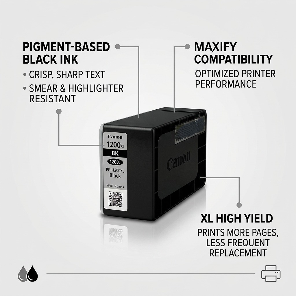 Infographic showcasing the Canon PGI-1200XL ink tank with operational features like pigment-based ink, MAXIFY compatibility, and high output.