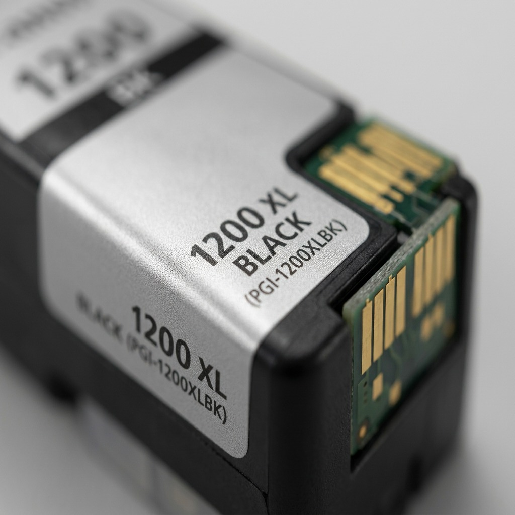 Macro shot of Canon PGI-1200XL Black ink tank contact points with clear label text.