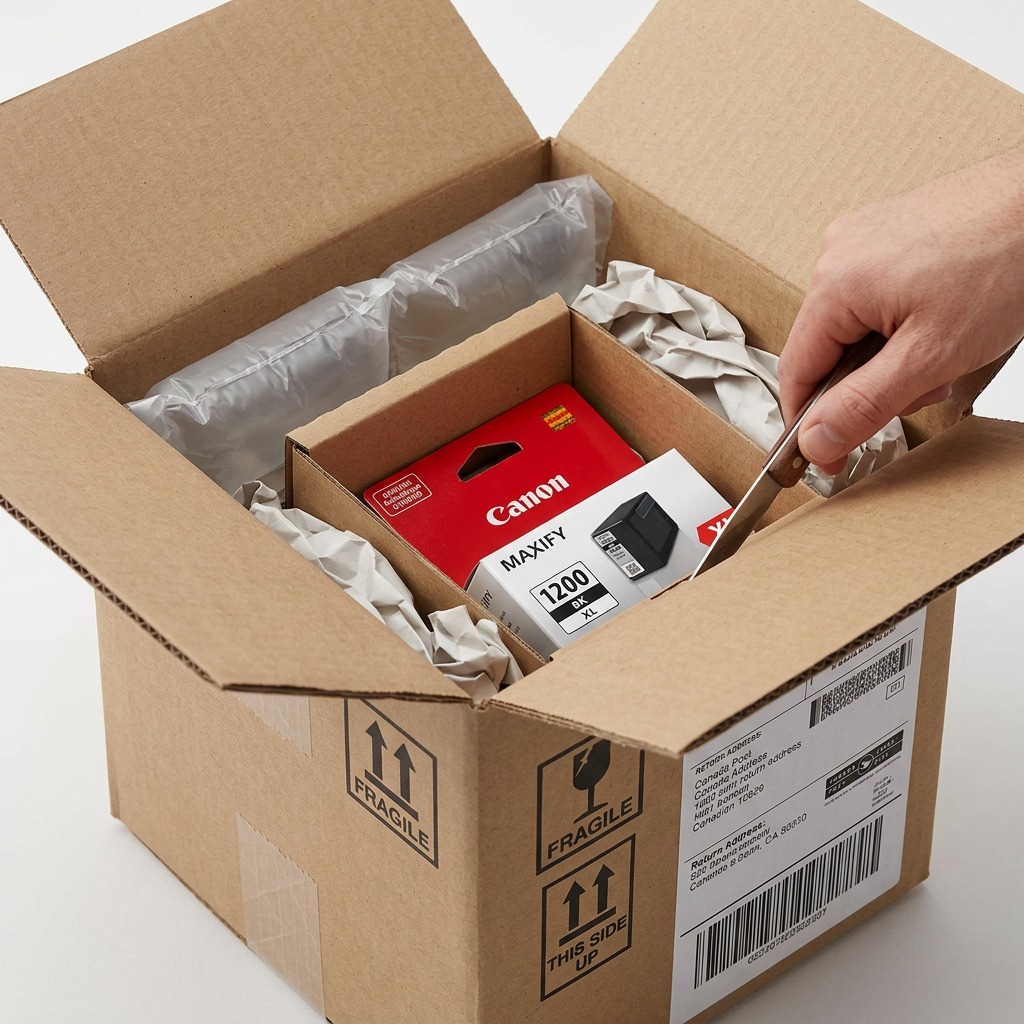 A realistic photo showing the Canon PGI-1200XL Black ink tank arriving inside a protective shipping box.