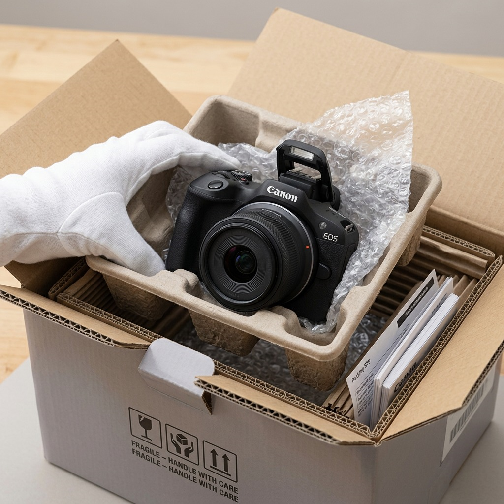 Close-up photo of the Canon EOS R100 camera and lens (as in `image_0.png`) in protective cardboard inserts, being lifted from a clean shipping box.