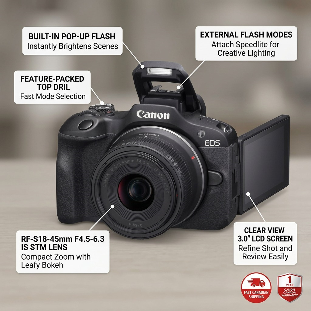 A graphic for the Canon EOS R100 lens kit highlighting operational features like the built-in flash, customizable dials, and articulate LCD.