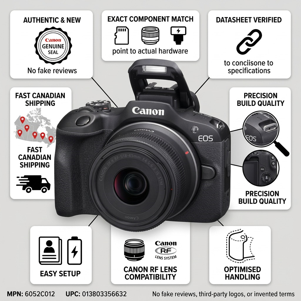 An infographic displaying a Canon EOS R100 camera kit with trust signals like 'Authentic & New' and 'Fast Canadian Shipping.'
