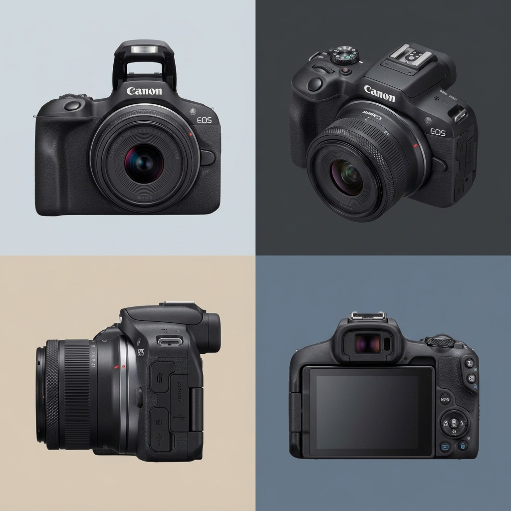 PDP visual matrix showing multiple angles of the black Canon EOS R100 camera and RF-S18-45mm lens kit.