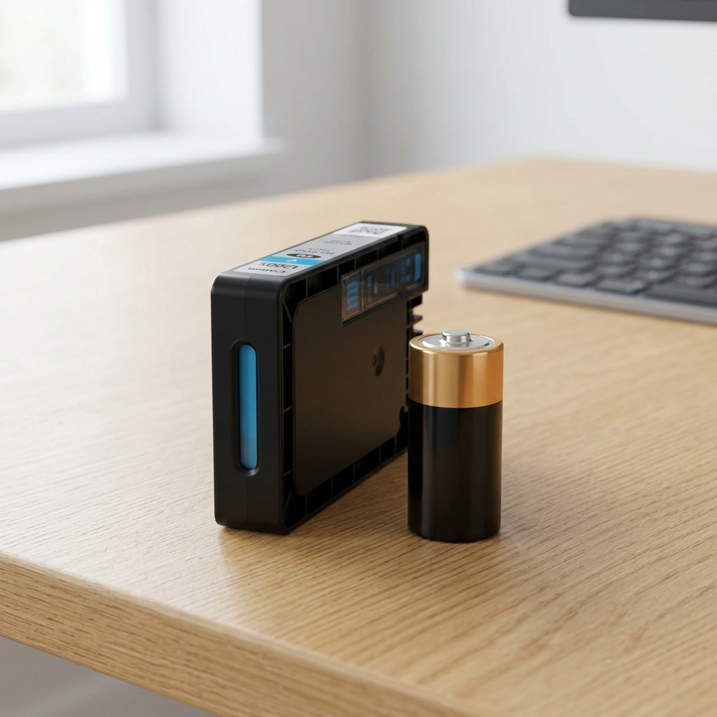 Scale comparison image with Canon PGI-1200XL Cyan Ink and Standard C-cell Battery on desk.