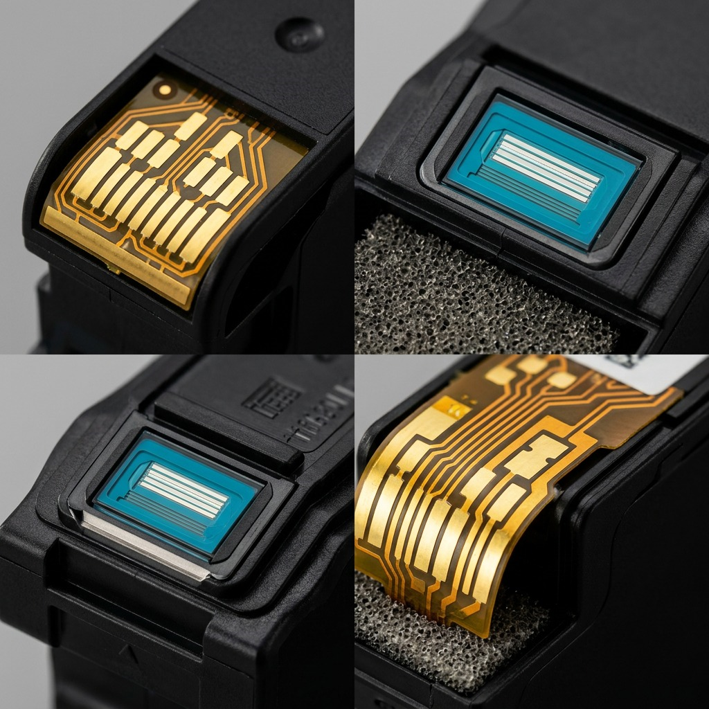 Extreme macro-photography detail on a Canon 1200XL Cyan Ink Tank, highlighting gold-plated connector contacts and the nozzle head structure.
