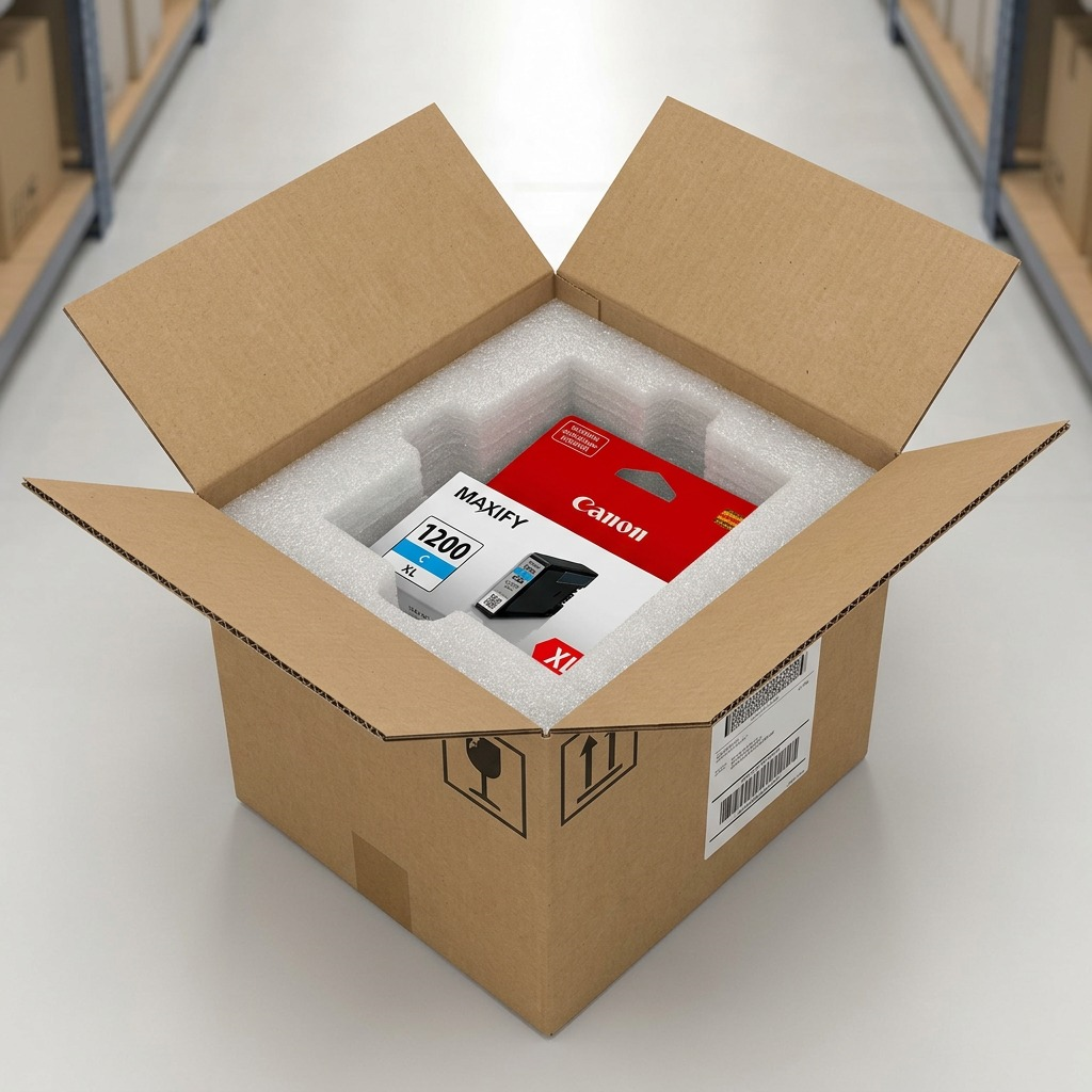Canon PGI-1200XL Cyan Ink box partially nestled within clear foam in an open, sturdy shipping box, safe and secure.