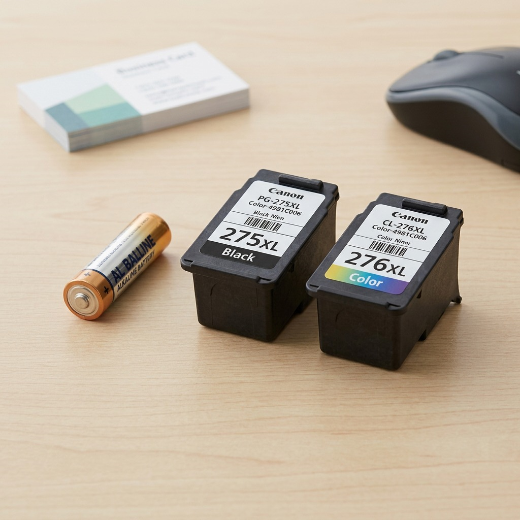 Scale comparison of the Canon PG-275XL / CL-276XL ink cartridges next to a standard AA battery.