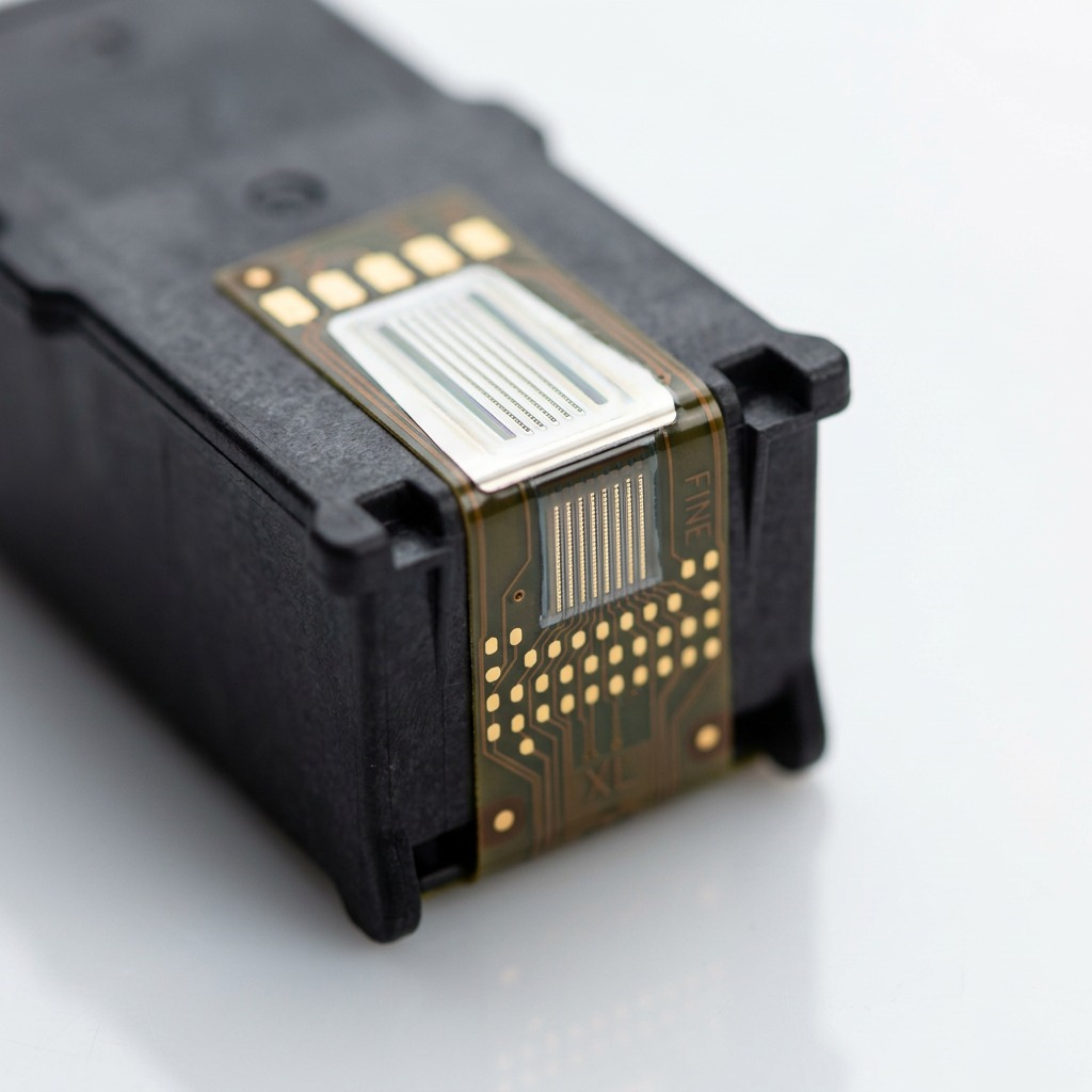A detailed macro close-up photograph of the FINE printhead and gold contacts on a red Canon 275XL/276XL ink cartridge.