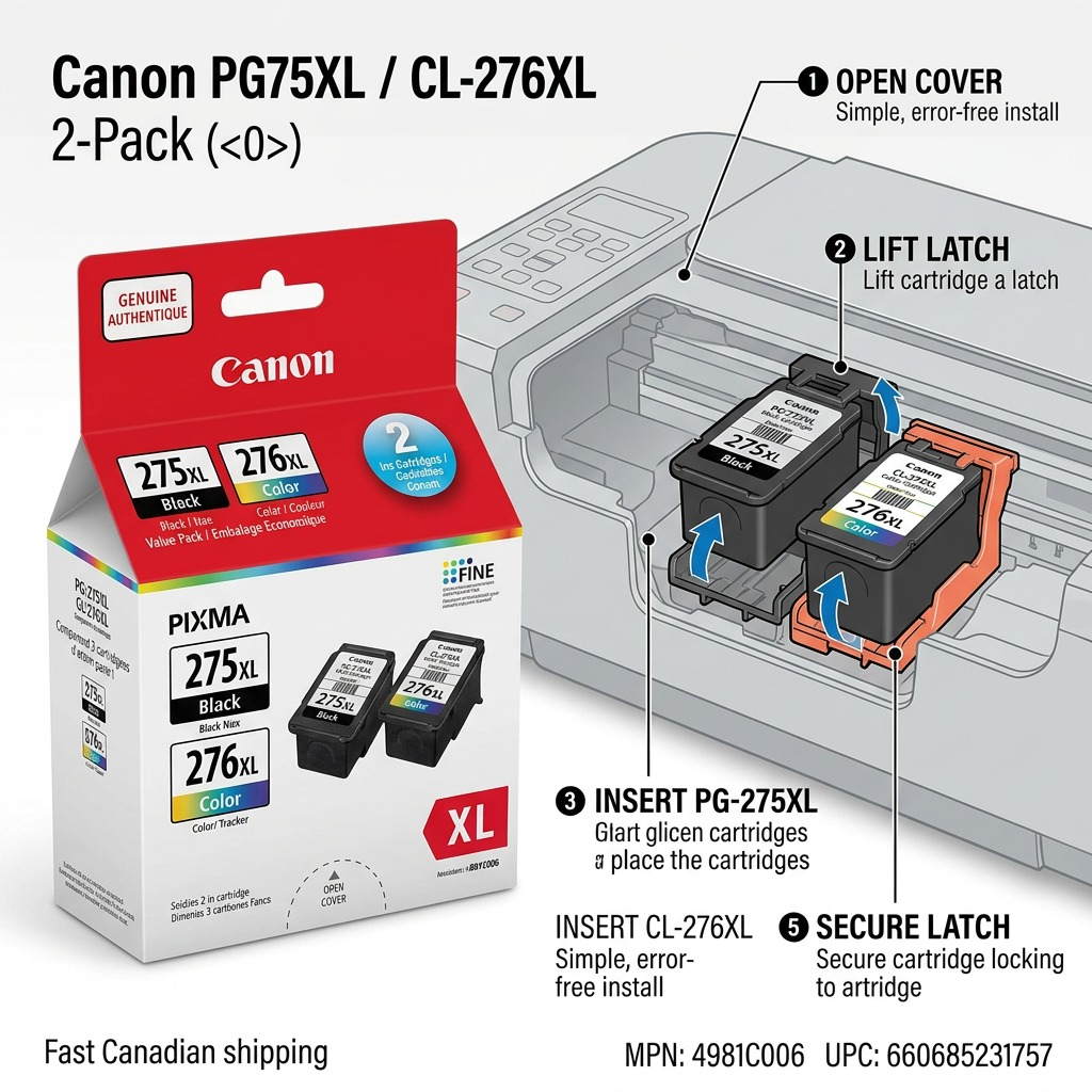 Feature matrix graphic of operational steps for Canon PG-275XL / CL-276XL cartridge installation.