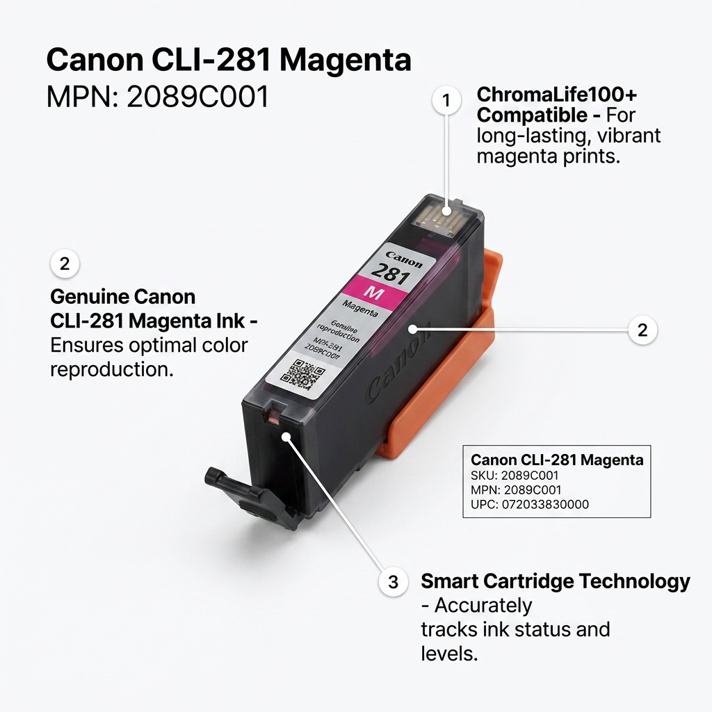 A PDP visual matrix for Canon CLI-281 Magenta, showcasing genuine product features and tech specs with factual callouts.