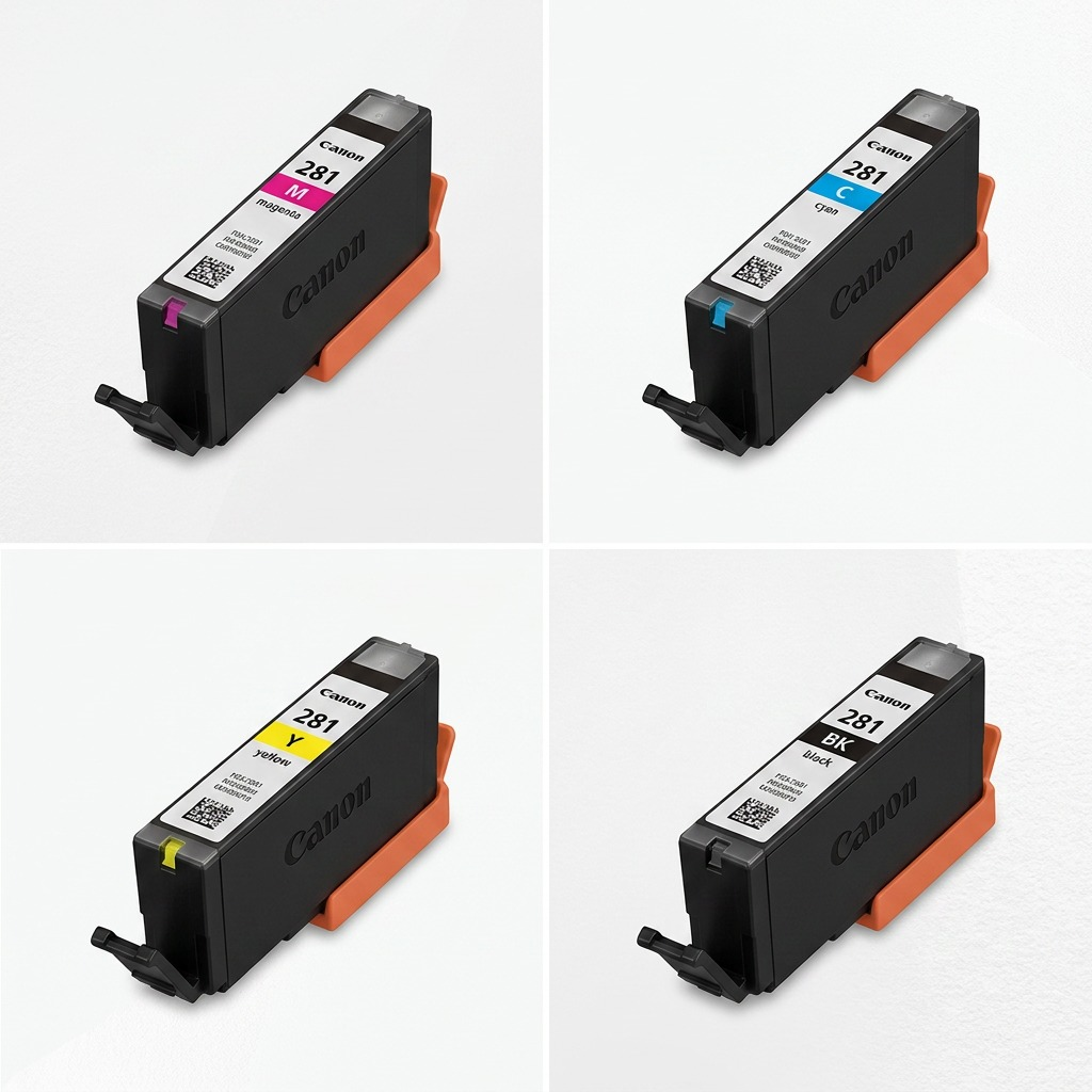 A clean product matrix displaying the Canon CLI-281 Magenta ink cartridge along with its Cyan, Yellow, and Black variants in separate, well-lit grid boxes. Each cell features a sharp, 3/4 front view of the specific color cartridge, shown as a physical product rather than its packaging, for direct comparison. The background is a crisp white.