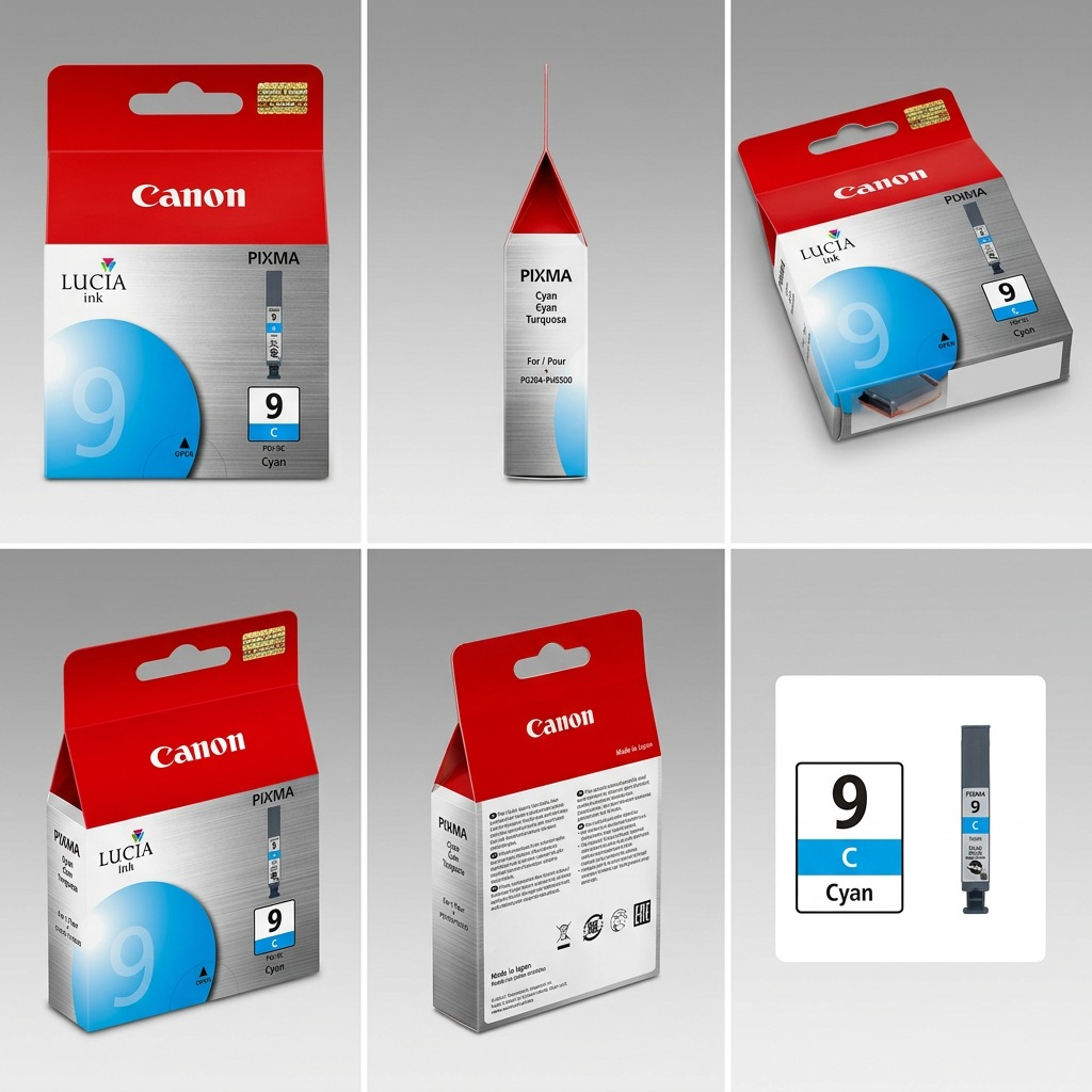 A clean photograph matrix displaying six identical Canon PGI-9 Cyan ink cartridges from six distinct angles and perspectives on a subtle gradient grey background.