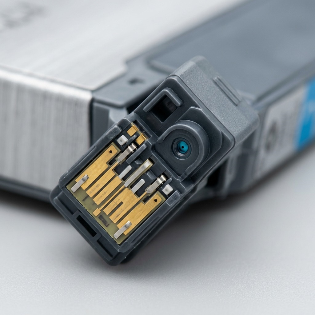 An extreme macro shot showing the gold contacts and cyan ink port on the Canon PGI-9 Cyan Ink Tank.