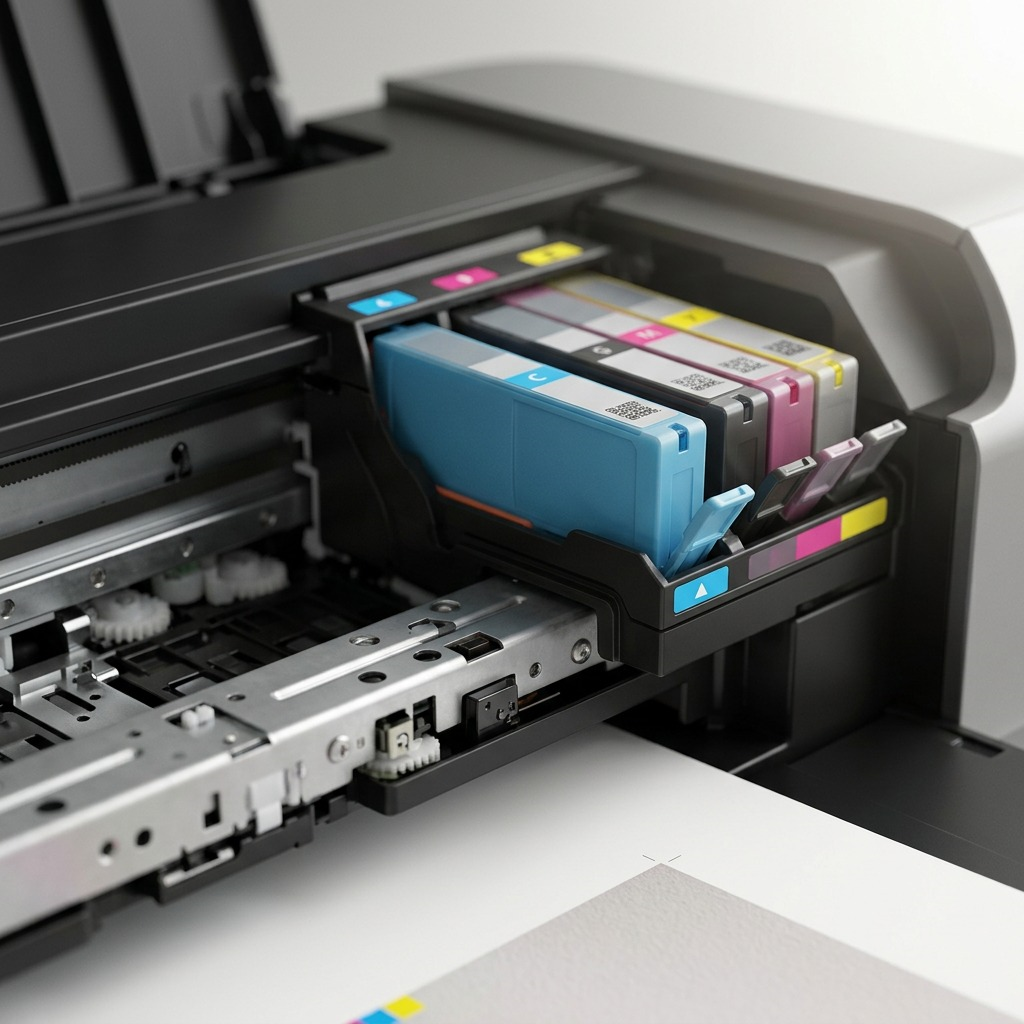 Canon PGI-9 Cyan Ink Tank installed in a printer alongside individual magenta and yellow tanks.