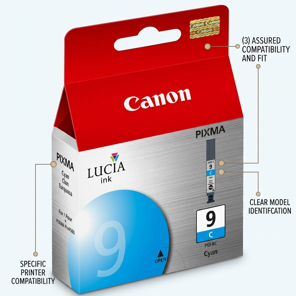 Operational feature callout graphic for Canon PGI-1 Cyan ink, highlighting compatibility features.