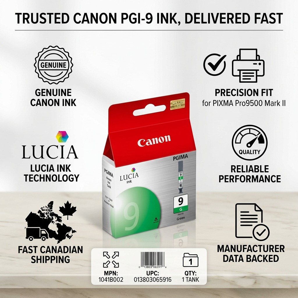 An infographic showing the Canon PGI-9 clear product box with assurance icons: Guaranteed fit, Genuine ink, Precision flow, Efficient yield, Secure packaging, Eco-conscious.