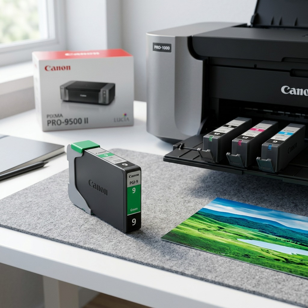 A Canon PGI-9 Green Ink Tank sits beside a professional photo printer, with a vibrant travel photo in the foreground.