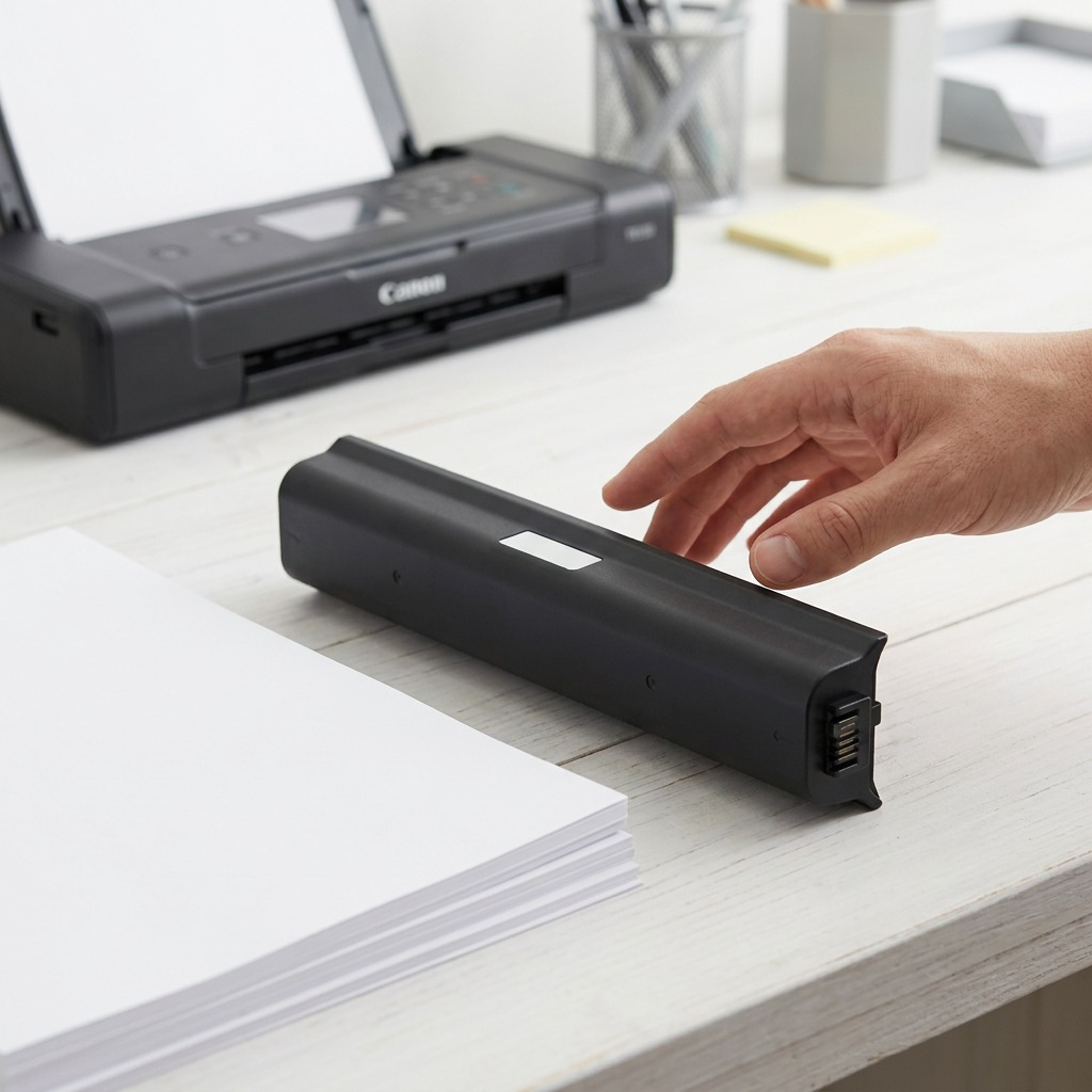 An angled product shot of the Canon LK-72 black rechargeable battery pack resting on a white-painted wooden desk beside a stack of three standard 8.5x11 inch printer paper sheets, all on a simple, out-of-focus home office background.