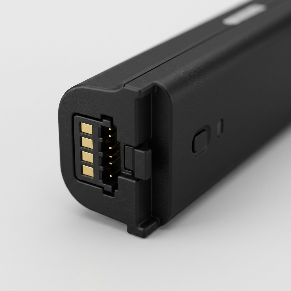 Macro close-up of gold-plated contacts and port on the Canon LK-72 black battery pack.
