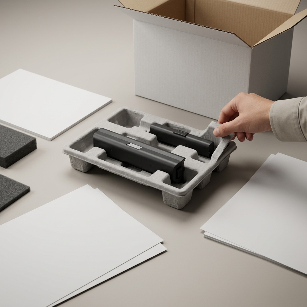 A person unboxes a Canon LK-72 battery pack for a printer, carefully lifting it from protective, neutral pulp packaging, next to a plain shipping box.