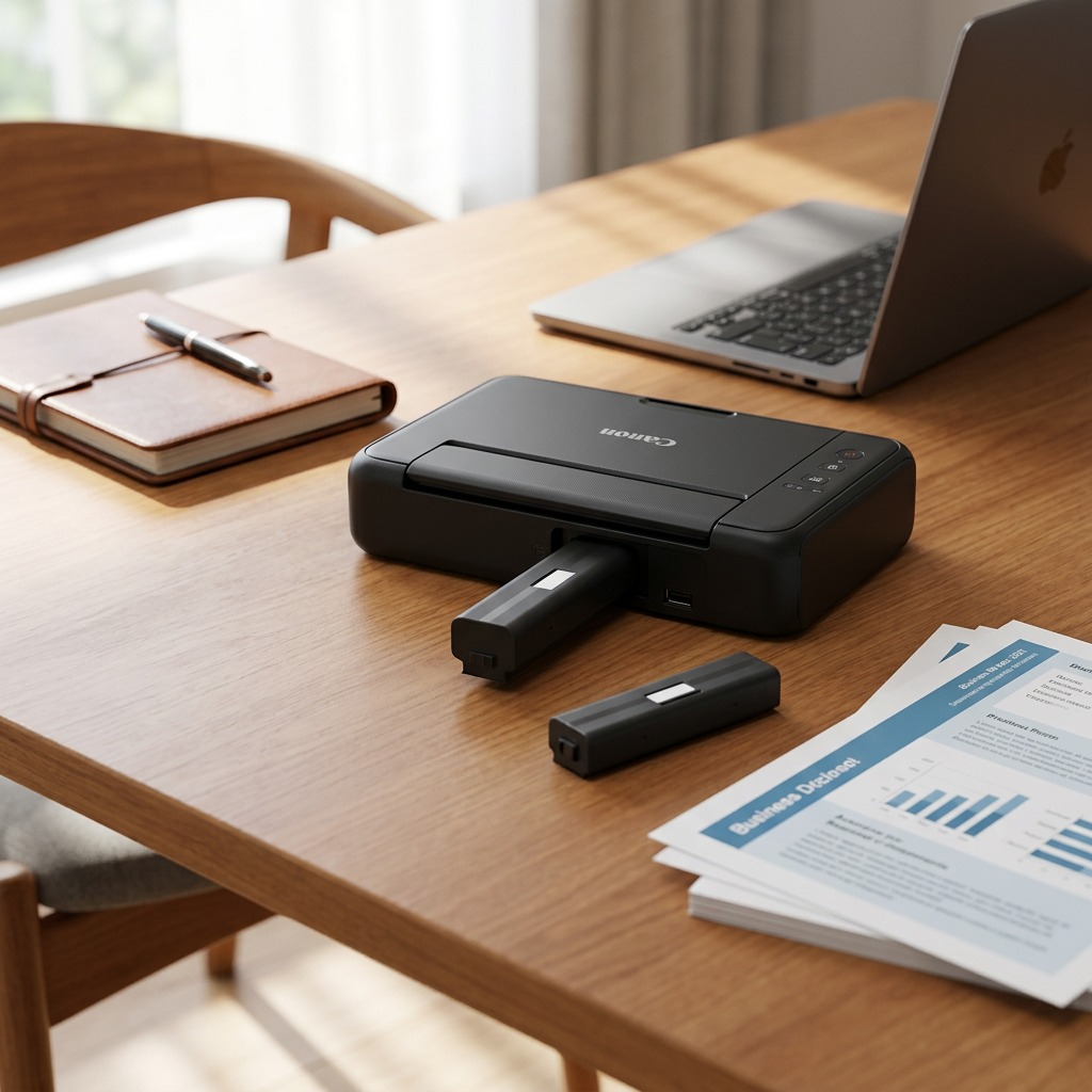 lifestyle perspective: A natural, environmental shot showing the Canon LK-72 Battery in use on a wooden desk. One battery is attached to the rear of a Canon TR150 laptop printer, a second loose battery rests nearby with a laptop and documents. Soft, realistic office lighting, clear depth-of-field, the scene captures typical, professional mobile workflow. This is dynamic and provides product-in-context for PDP.