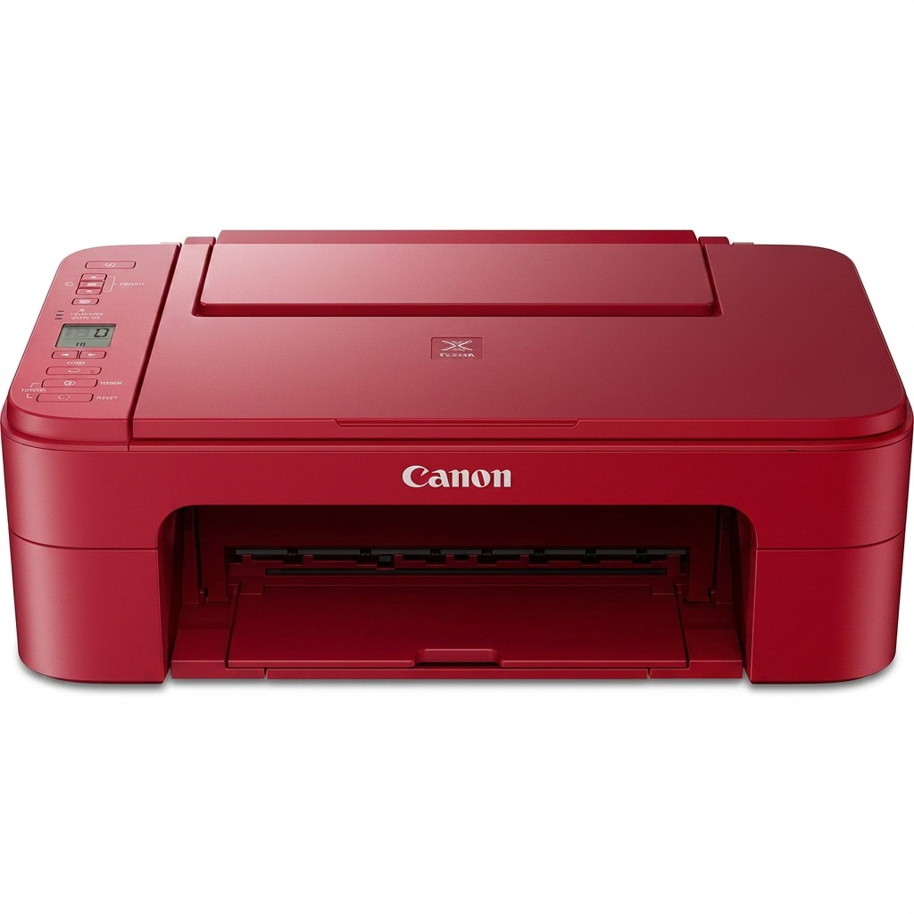 Crisp high-resolution hero shot of the red Canon PIXMA TS3320 all-in-one printer on a white background.